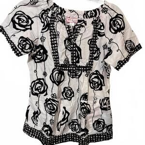 Koi by Kathy Peterson Black White Floral Print Scrubs Gingham Trim Top Large